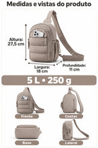 Medidas em centímetros e vistas do produto — Pochete Transversal Acolchoada Puffer 5 L Bags Mart Cor Marrom