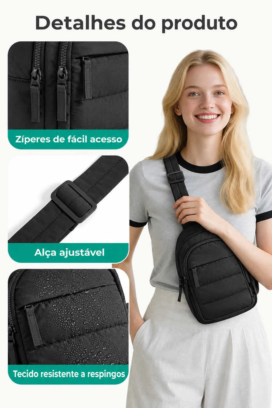 Zíperes, alça ajustável e tecido resistente a respingos — Pochete Transversal Acolchoada Puffer 5 L Bags Mart Cor Preto