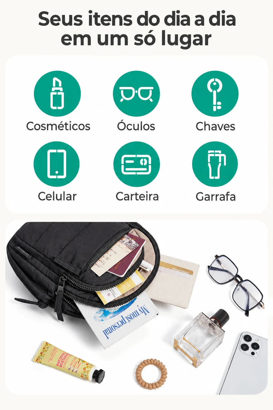 Organização dos itens do dia a dia — Pochete Transversal Acolchoada Puffer 5 L Bags Mart Cor Preto