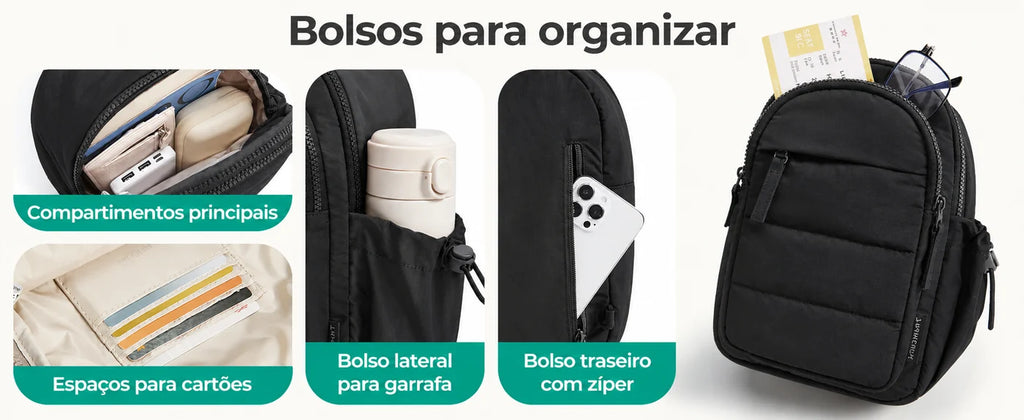 Compartimentos, bolso lateral e espaços para cartões — Pochete Transversal Acolchoada Puffer 5 L Bags Mart Cor Preto