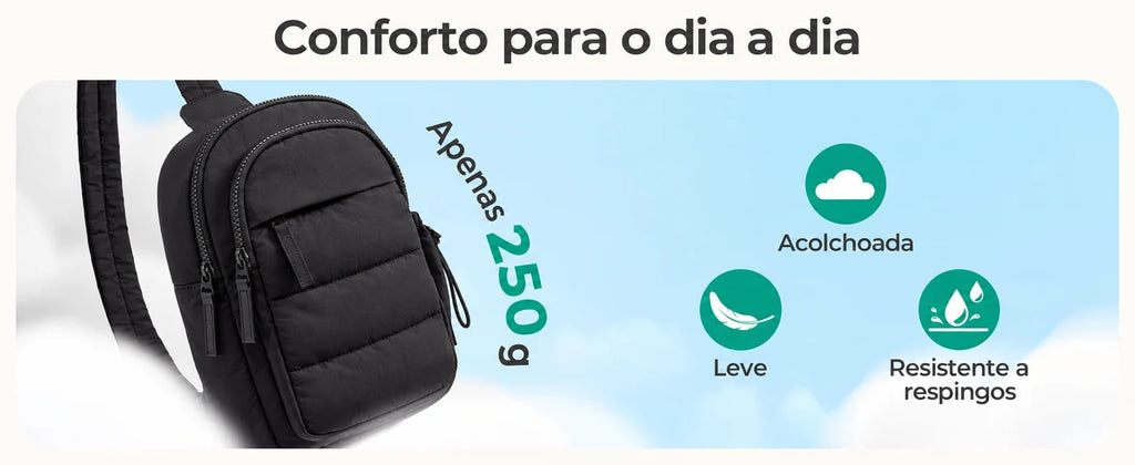 Acabamento acolchoado e peso de 250 g — Pochete Transversal Acolchoada Puffer 5 L Bags Mart Cor Preto