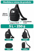 Medidas em centímetros e vistas do produto — Pochete Transversal Acolchoada Puffer 5 L Bags Mart Cor Preto