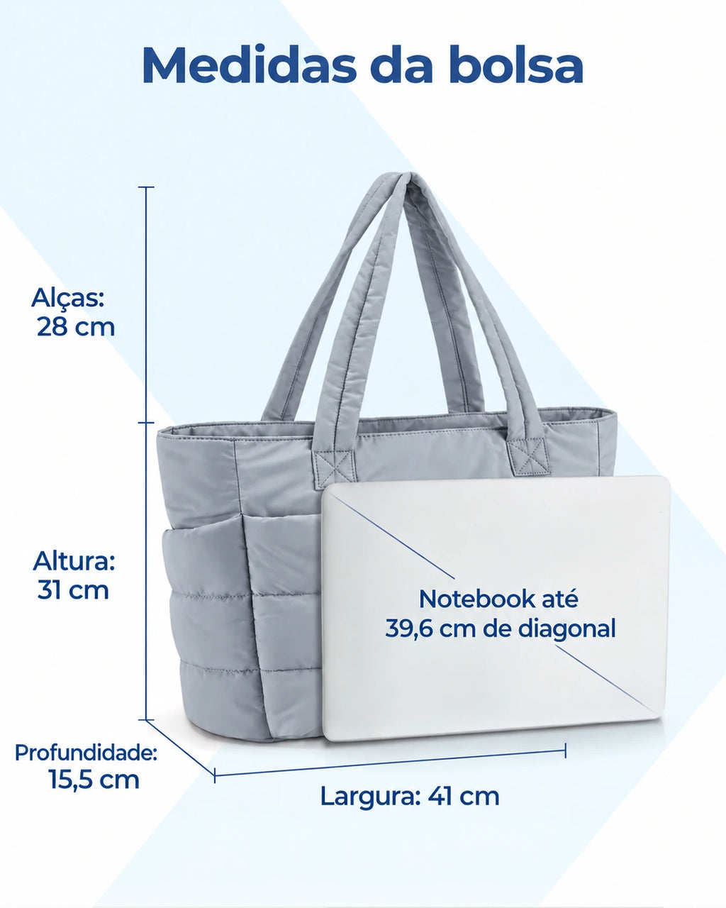Bolsa Puffer Bags Mart Cinza — altura 31 cm, largura 41 cm, profundidade 15,5 cm e alças de 28 cm