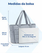 Bolsa Puffer Bags Mart Cinza — altura 31 cm, largura 41 cm, profundidade 15,5 cm e alças de 28 cm