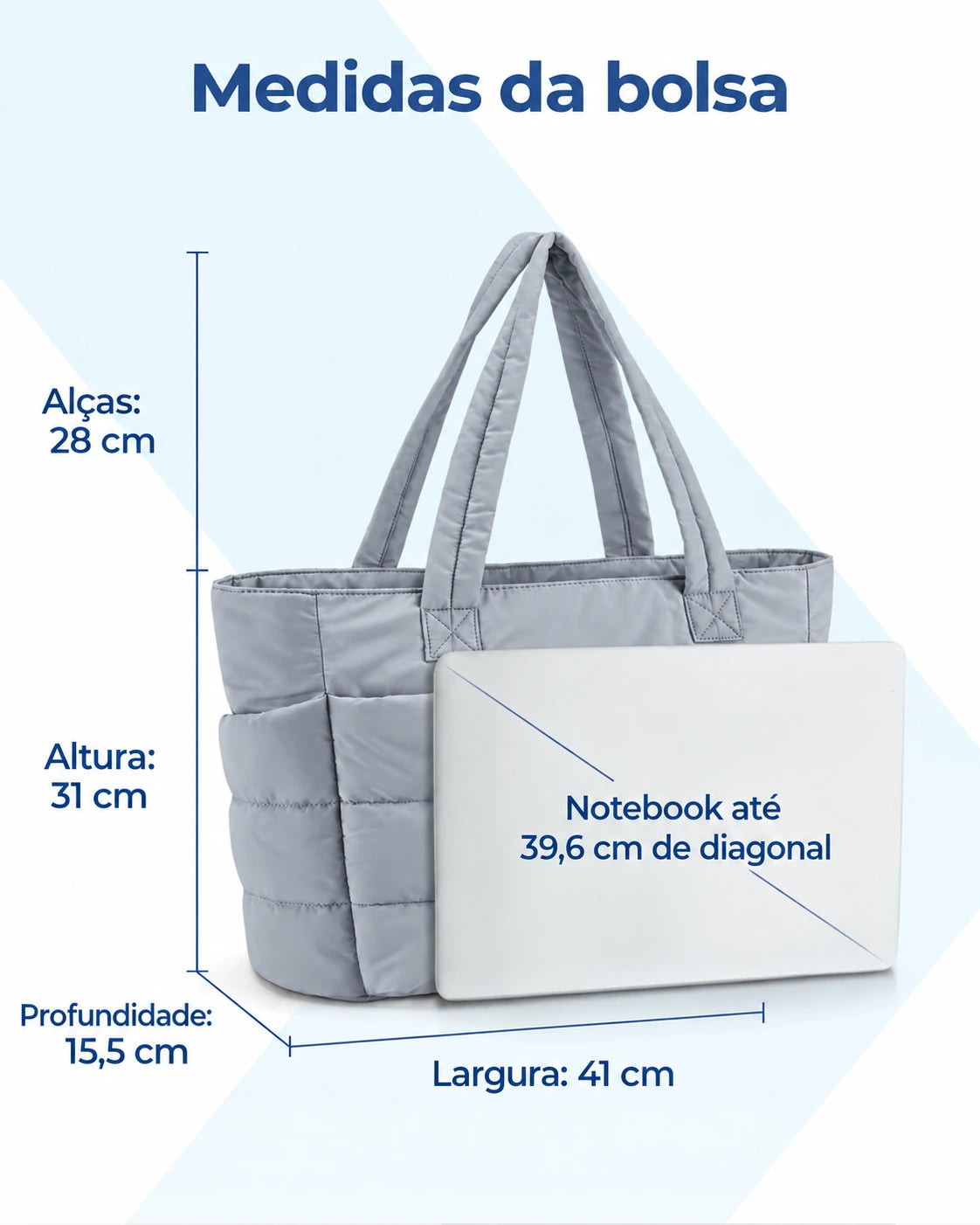 Bolsa Puffer Bags Mart Cinza — altura 31 cm, largura 41 cm, profundidade 15,5 cm e alças de 28 cm