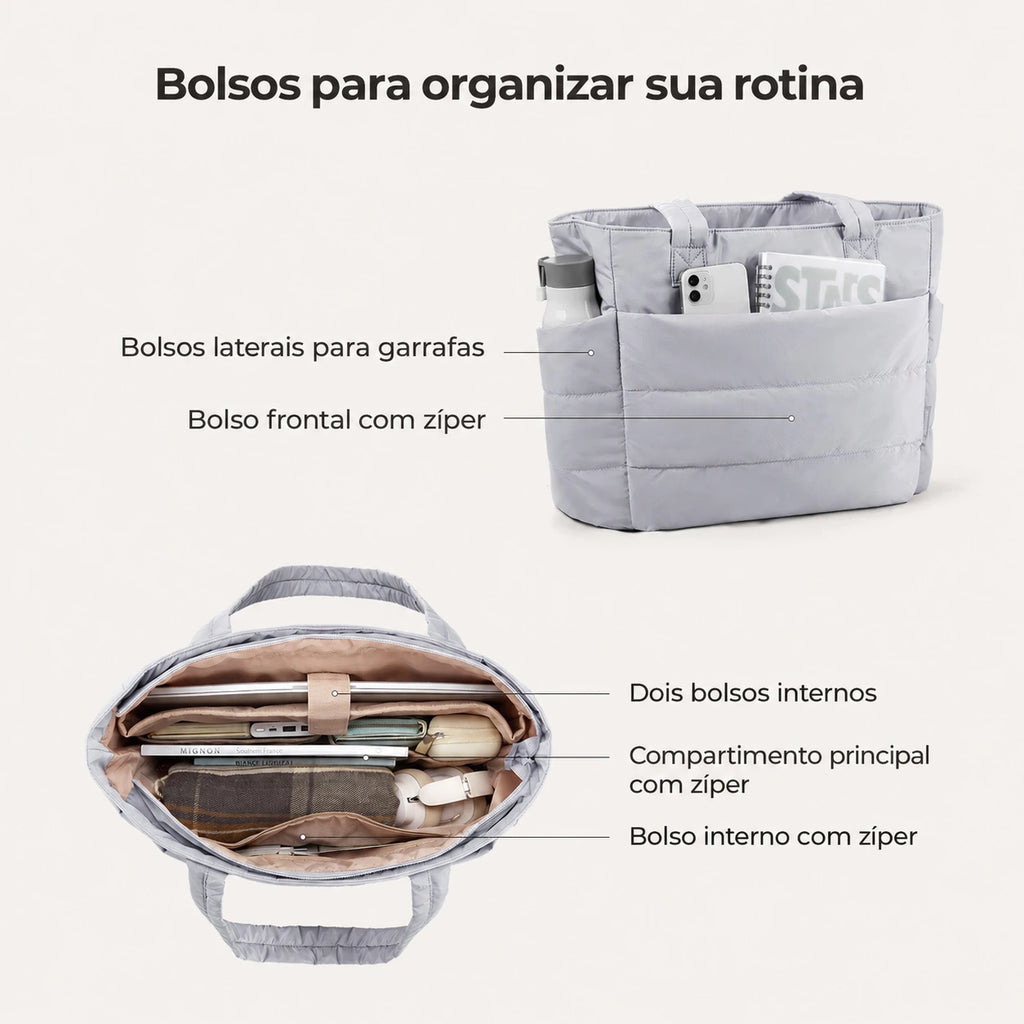 Bolsa Feminina Acolchoada Puffer Bags Mart Cor Cinza — bolsos e organização interna na cor Cinza
