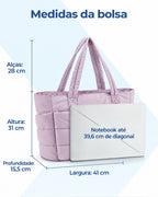Bolsa Puffer Bags Mart Roxo — altura 31 cm, largura 41 cm, profundidade 15,5 cm e alças de 28 cm