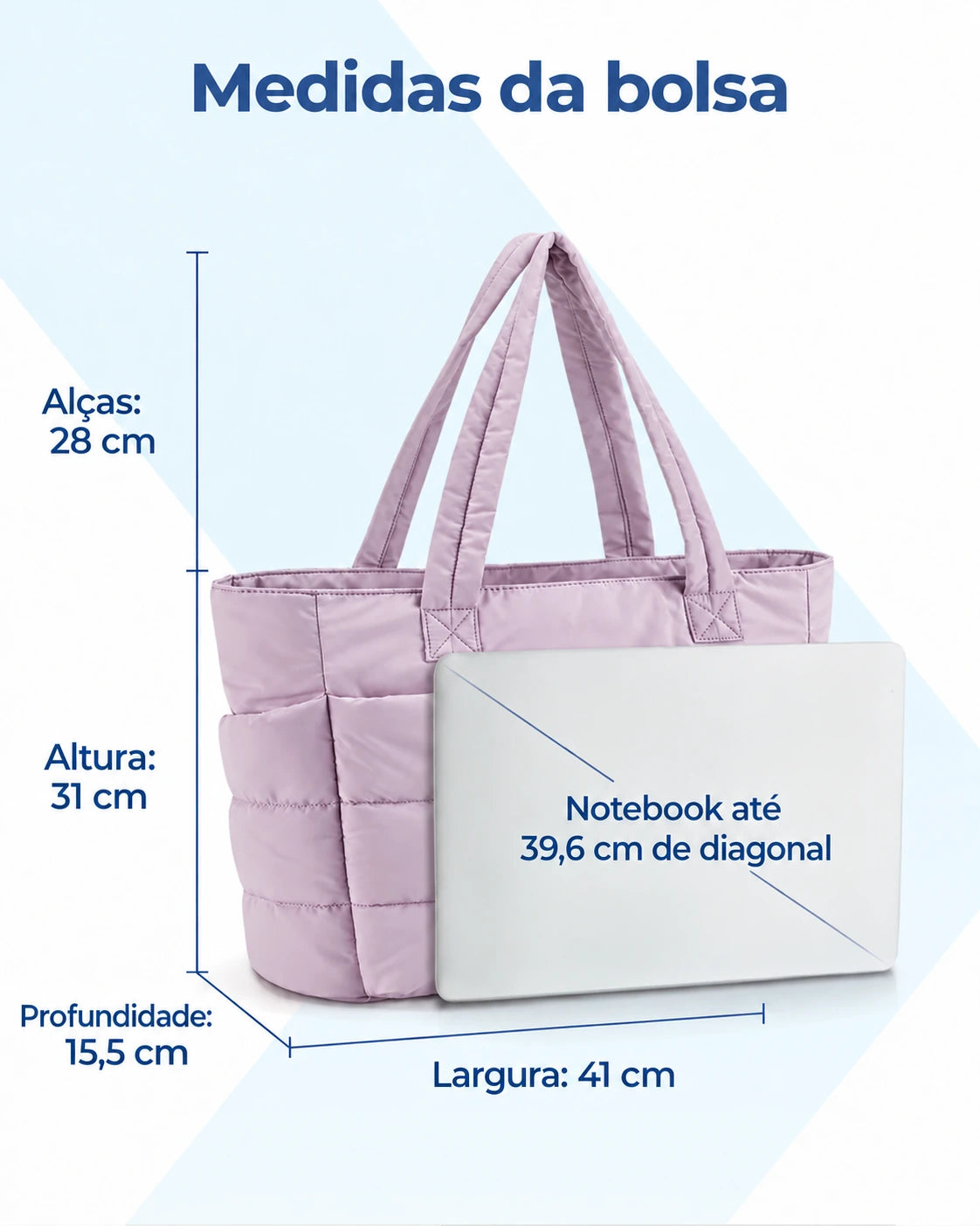 Bolsa Puffer Bags Mart Roxo — altura 31 cm, largura 41 cm, profundidade 15,5 cm e alças de 28 cm