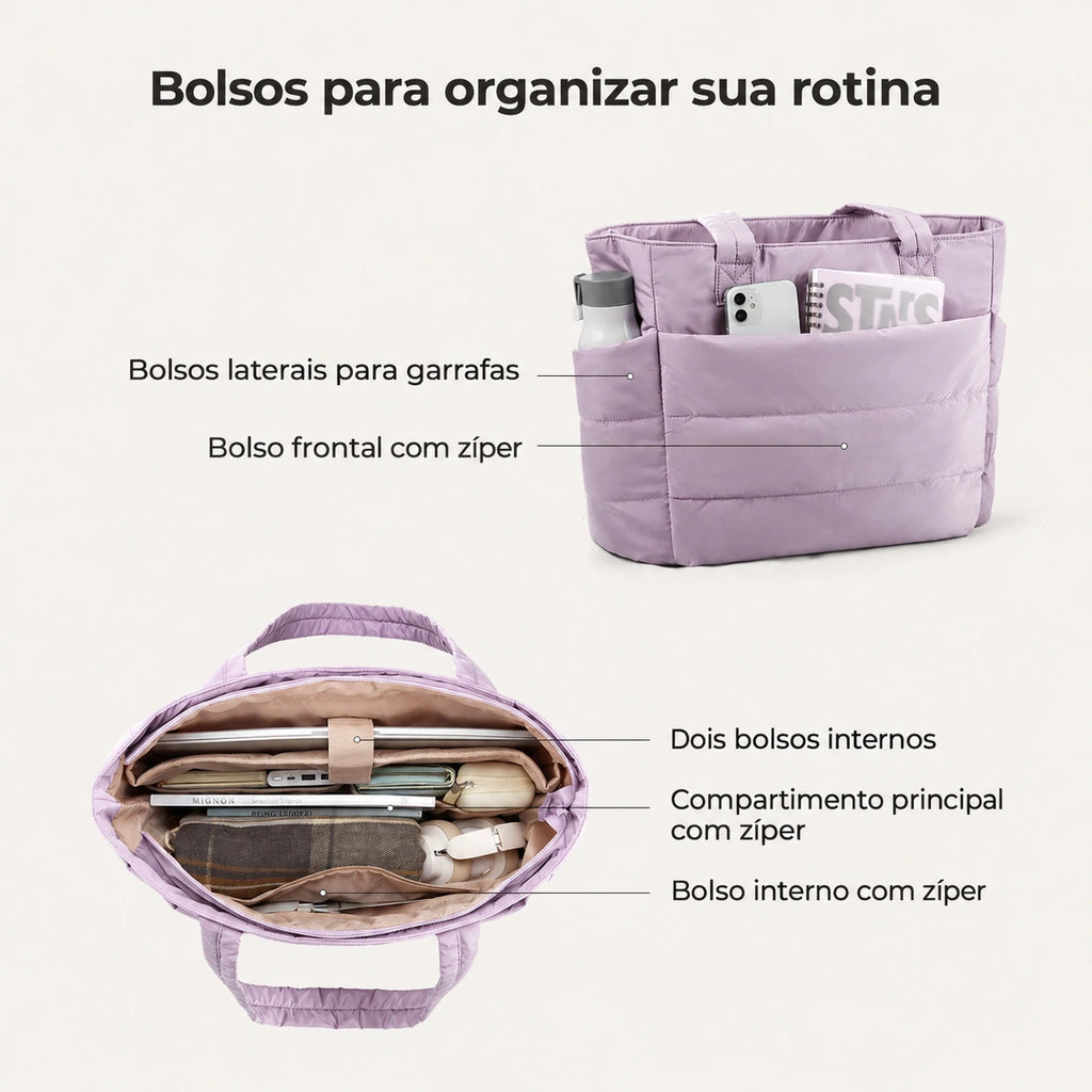 Bolsa Feminina Acolchoada Puffer Bags Mart Cor Roxo — bolsos e organização interna na cor Roxo