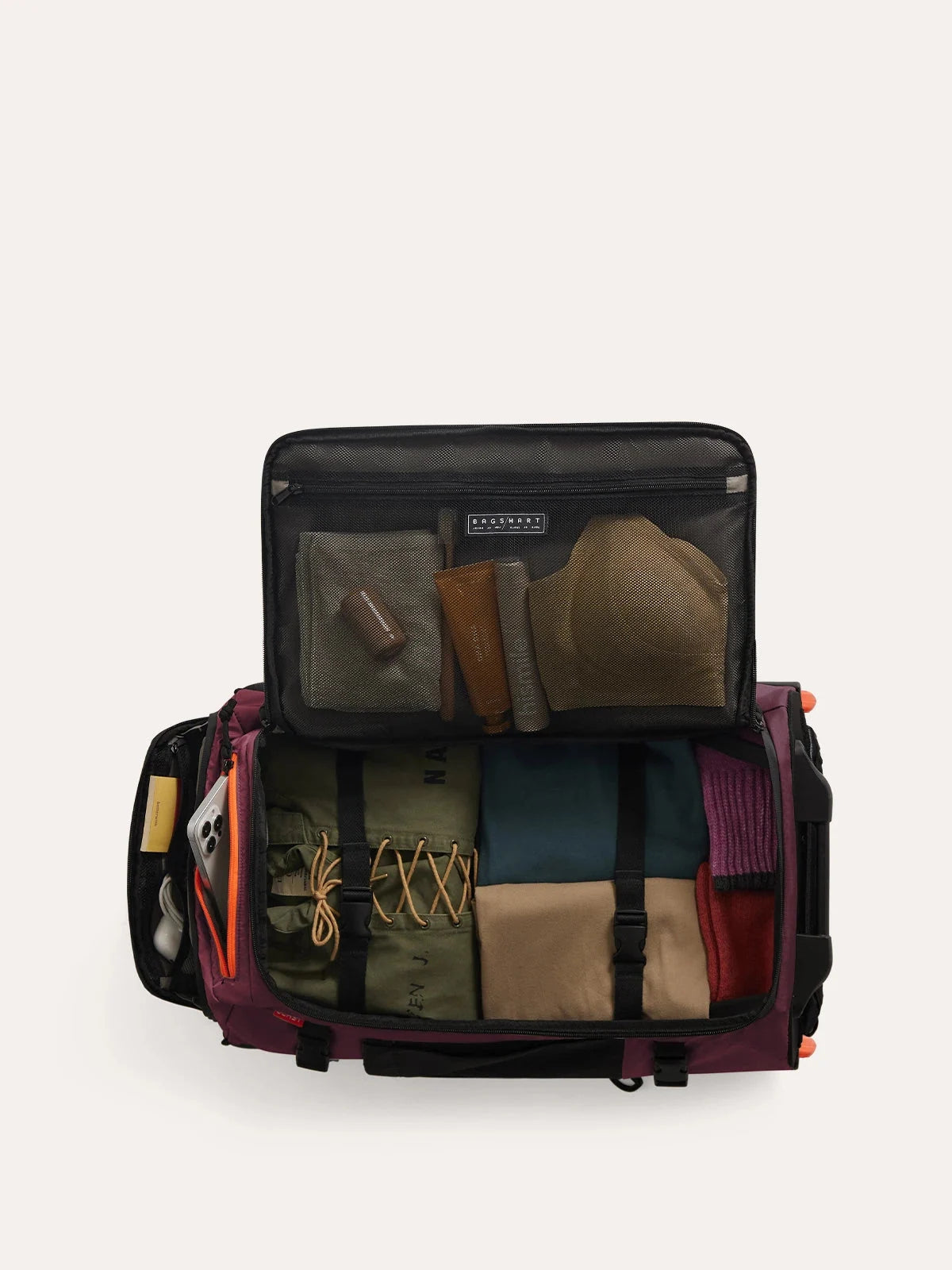 Mochila de Viagem com Rodas 43 L Bags Mart Cor Vermelho Borgonha — interior com objetos de demonstração