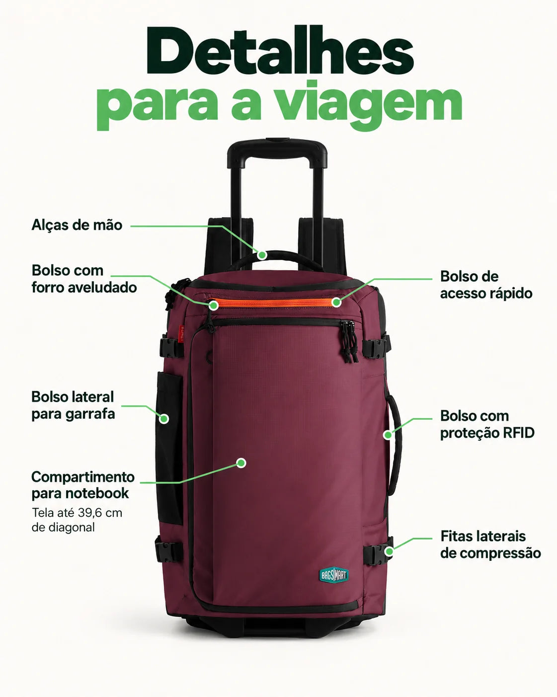 Mochila de Viagem com Rodas 43 L Bags Mart Cor Vermelho Borgonha — bolsos externos e compartimento para notebook