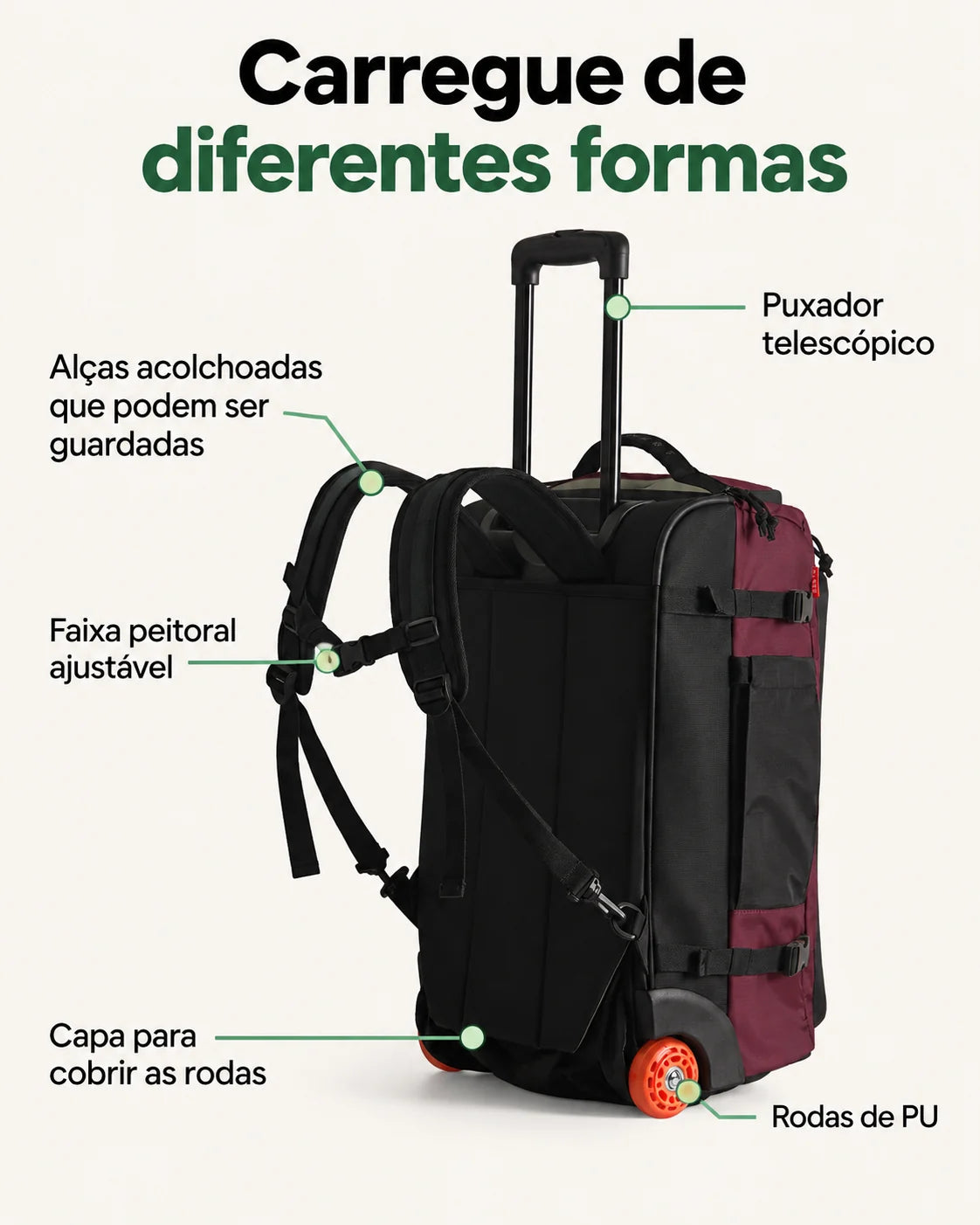 Mochila de Viagem com Rodas 43 L Bags Mart Cor Vermelho Borgonha — alças, puxador e capa para rodas