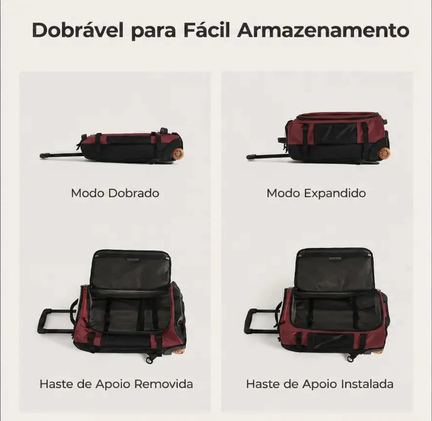 Mochila de Viagem com Rodas 43 L Bags Mart Cor Vermelho Borgonha — estrutura dobrável e hastes de suporte