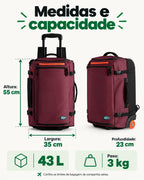Mochila de Viagem com Rodas 43 L Bags Mart Cor Vermelho Borgonha — dimensões em centímetros e capacidade