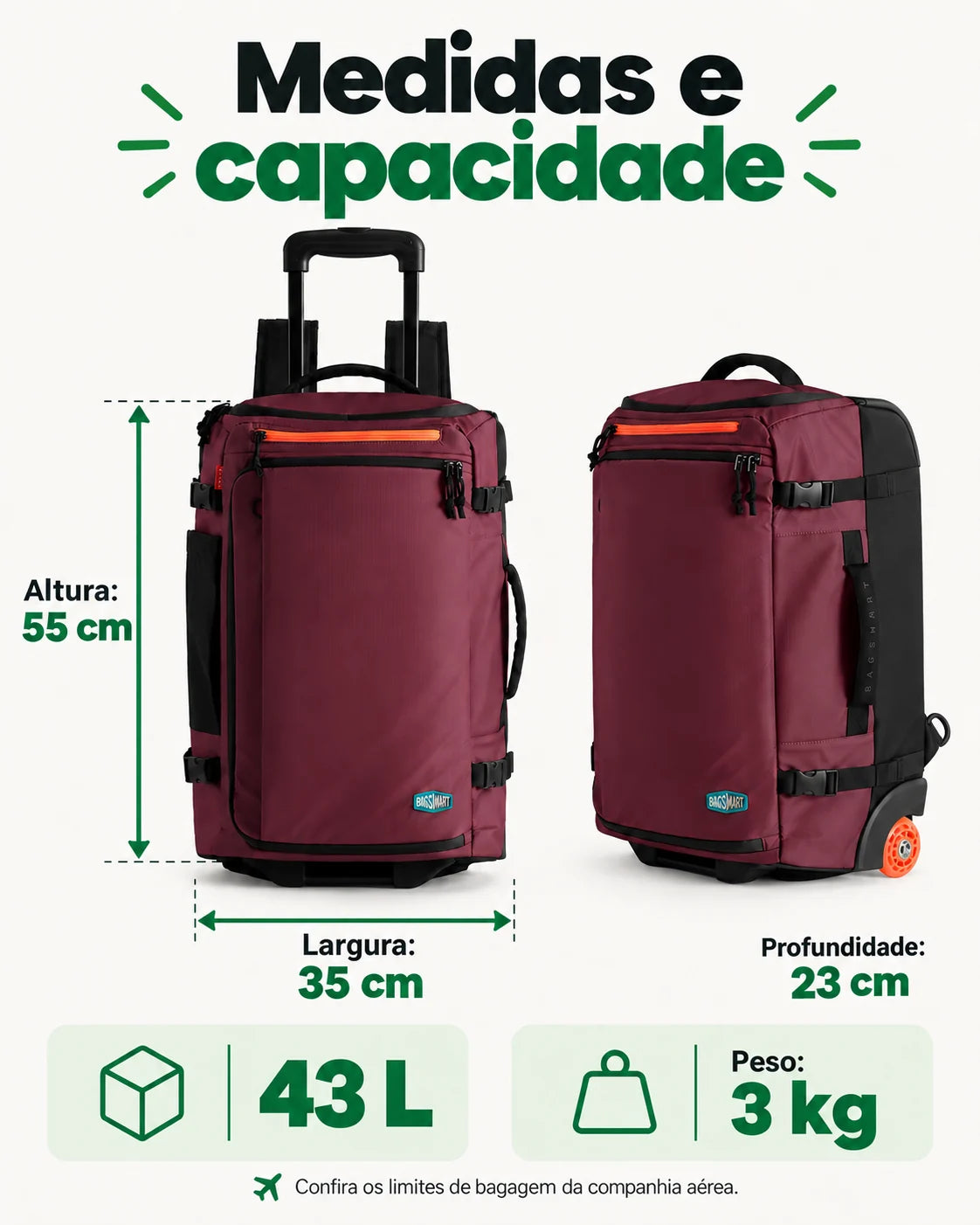 Mochila de Viagem com Rodas 43 L Bags Mart Cor Vermelho Borgonha — dimensões em centímetros e capacidade
