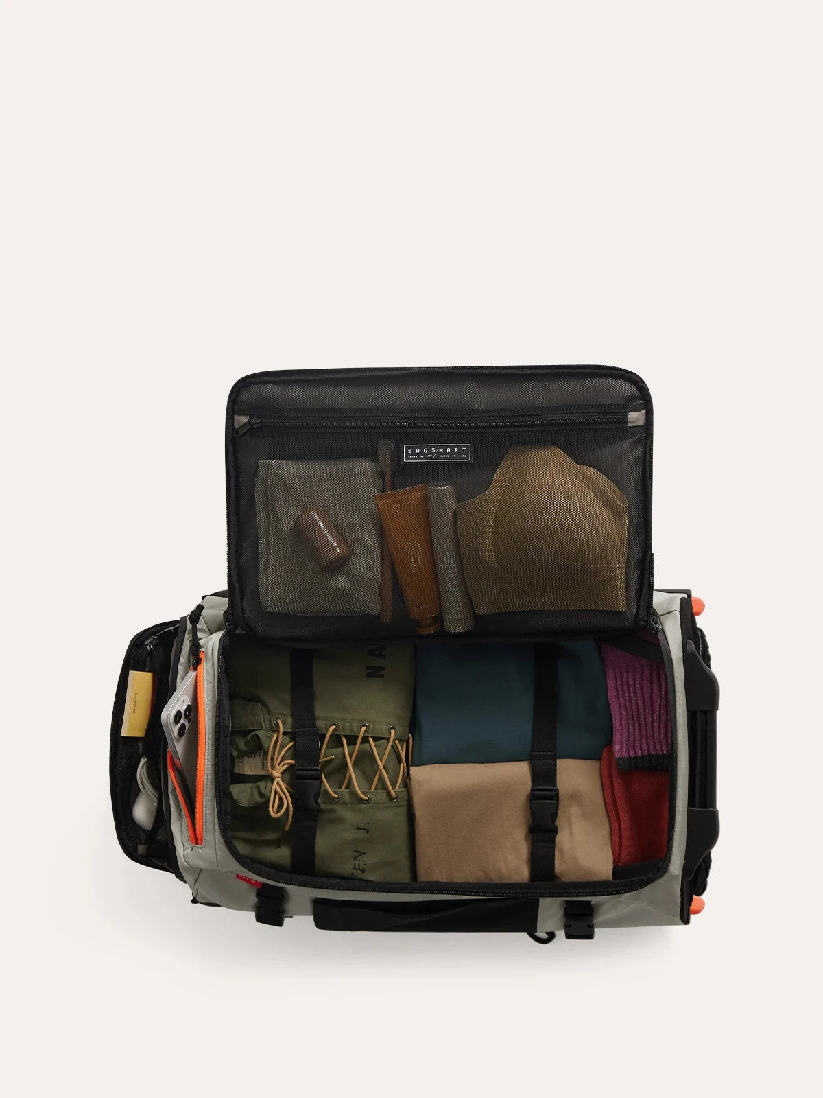Mochila de Viagem com Rodas 43 L Bags Mart Cor Cinza — interior com objetos de demonstração