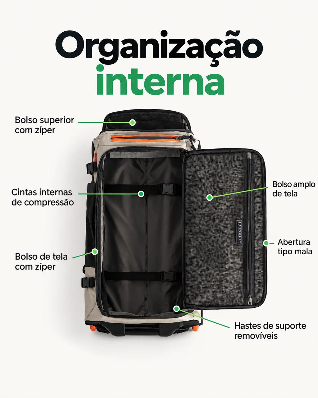 Mochila de Viagem com Rodas 43 L Bags Mart Cor Cinza — interior, bolsos e cintas de compressão