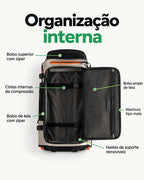 Mochila de Viagem com Rodas 43 L Bags Mart Cor Cinza — interior, bolsos e cintas de compressão