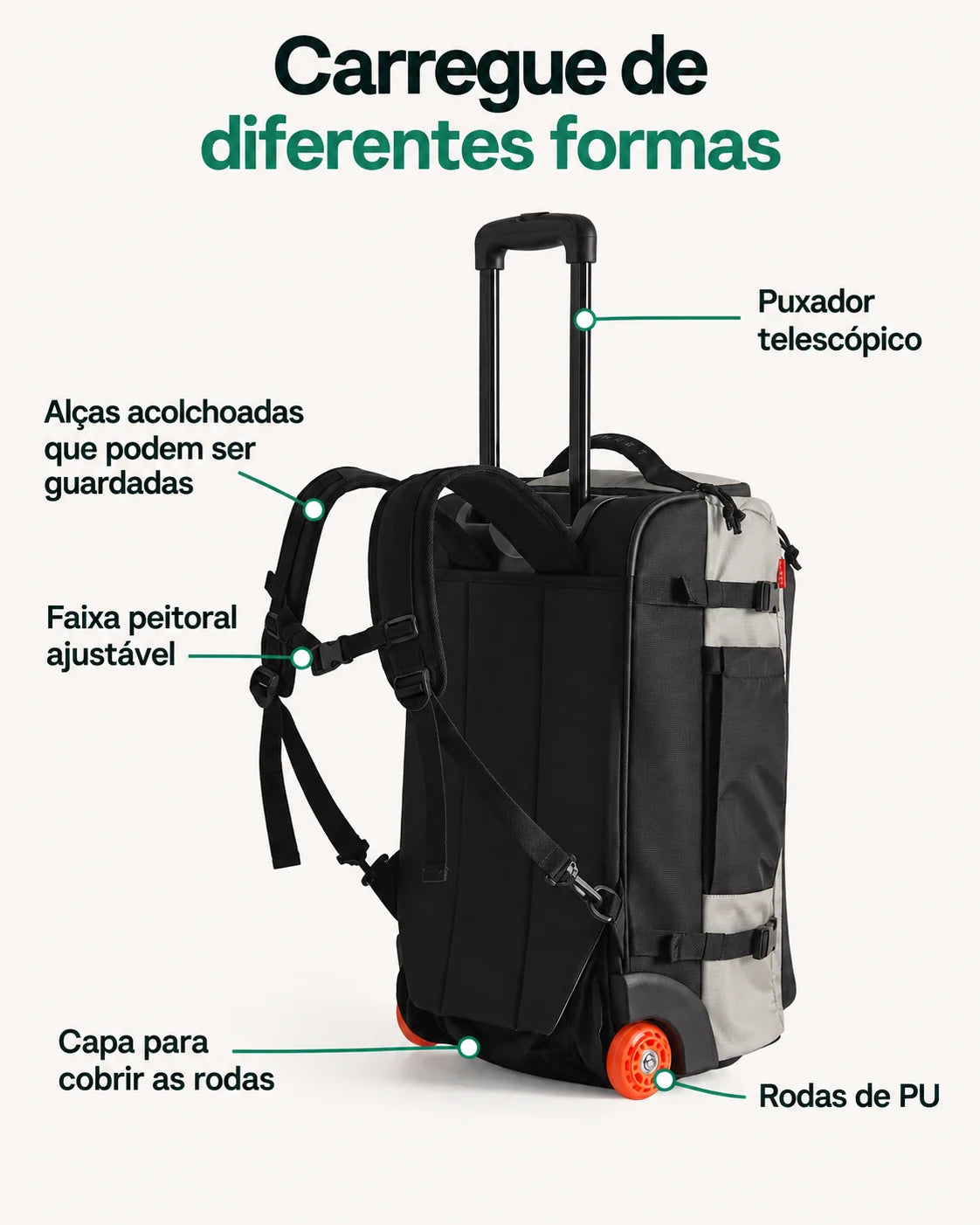 Mochila de Viagem com Rodas 43 L Bags Mart Cor Cinza — alças, puxador e capa para rodas