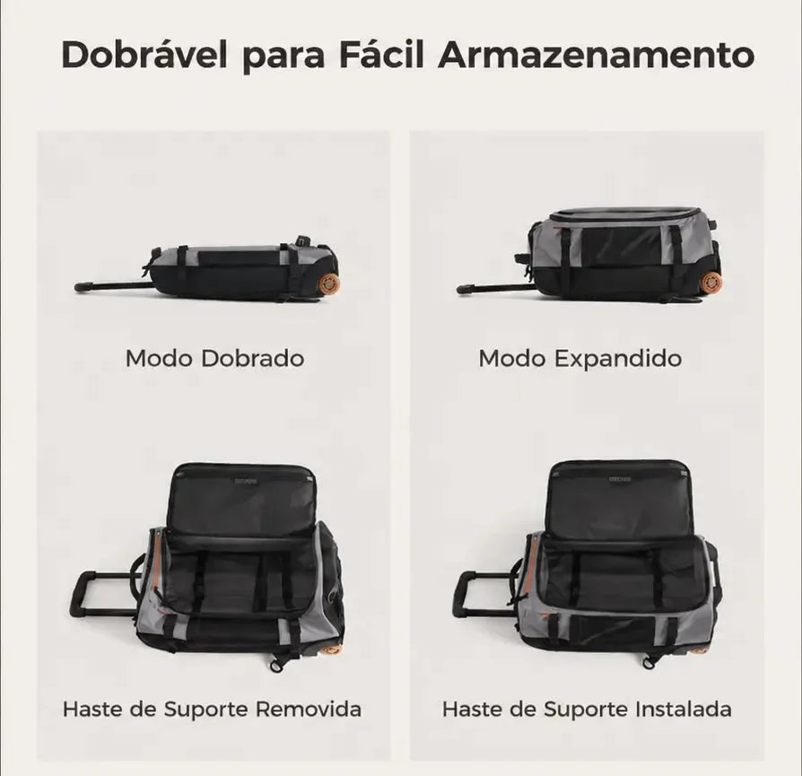 Mochila de Viagem com Rodas 43 L Bags Mart Cor Cinza — estrutura dobrável e hastes de suporte