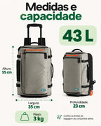 Mochila de Viagem com Rodas 43 L Bags Mart Cor Cinza — dimensões em centímetros e capacidade