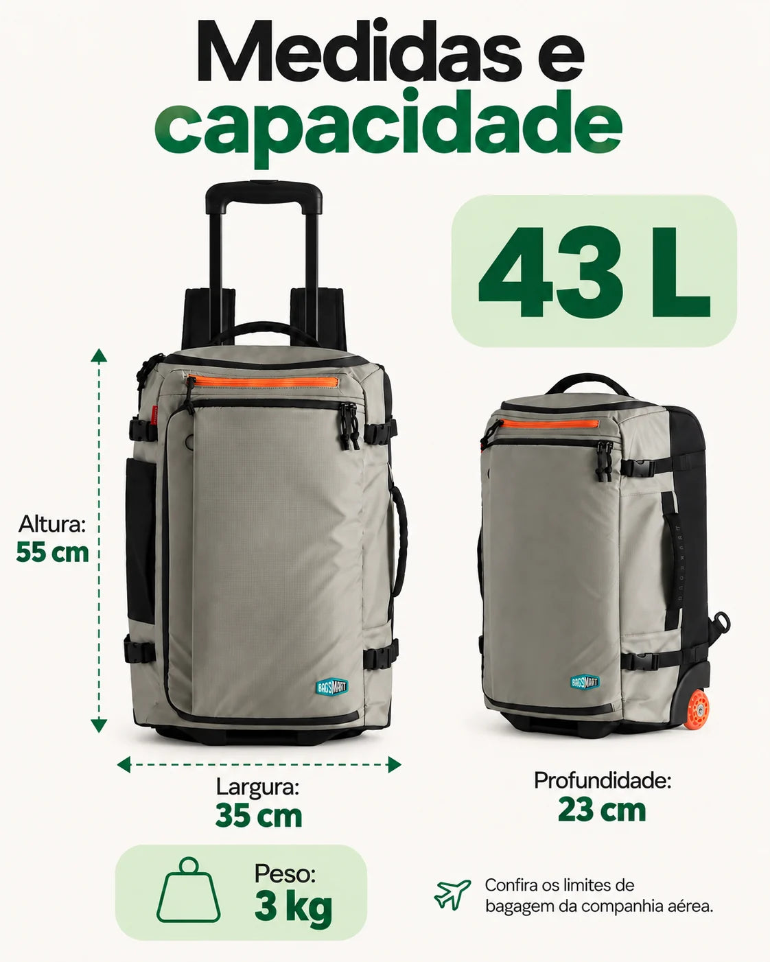 Mochila de Viagem com Rodas 43 L Bags Mart Cor Cinza — dimensões em centímetros e capacidade