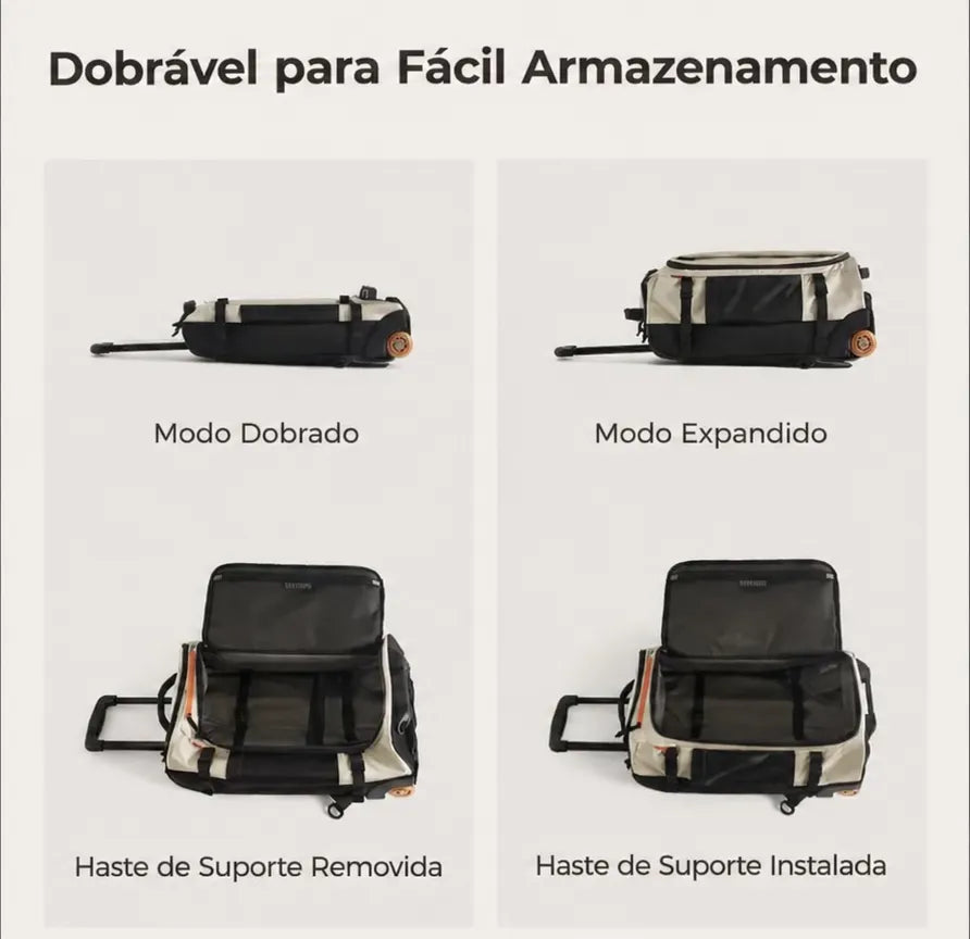 Mochila de Viagem com Rodas 43L Bege - dobrável para fácil armazenamento