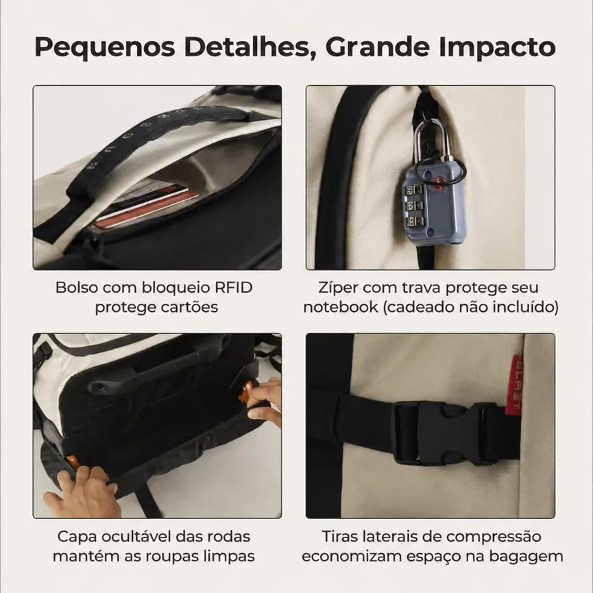 Mochila de Viagem com Rodas 43L Bege - pequenos detalhes, grande impacto: bolso com bloqueio RFID e zíper com trava