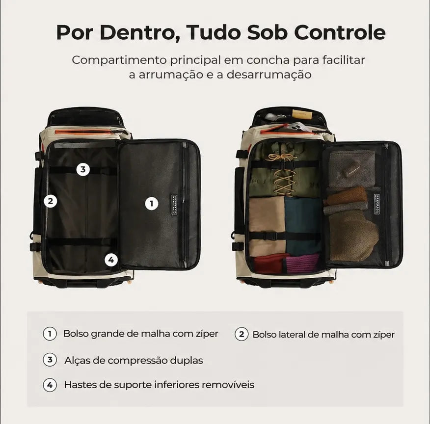 Mochila de Viagem com Rodas 43L Bege - por dentro, tudo sob controle: compartimento principal em concha