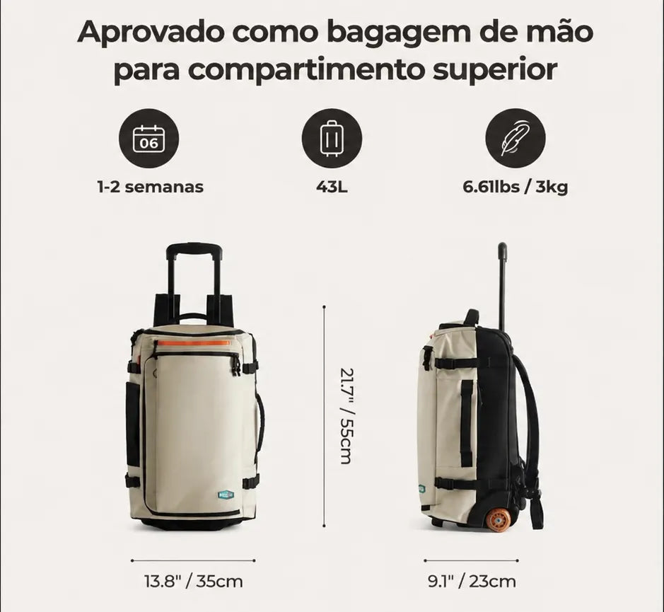 Mochila de Viagem com Rodas 43L Bege - aprovada como bagagem de mão para compartimento superior, 43L
