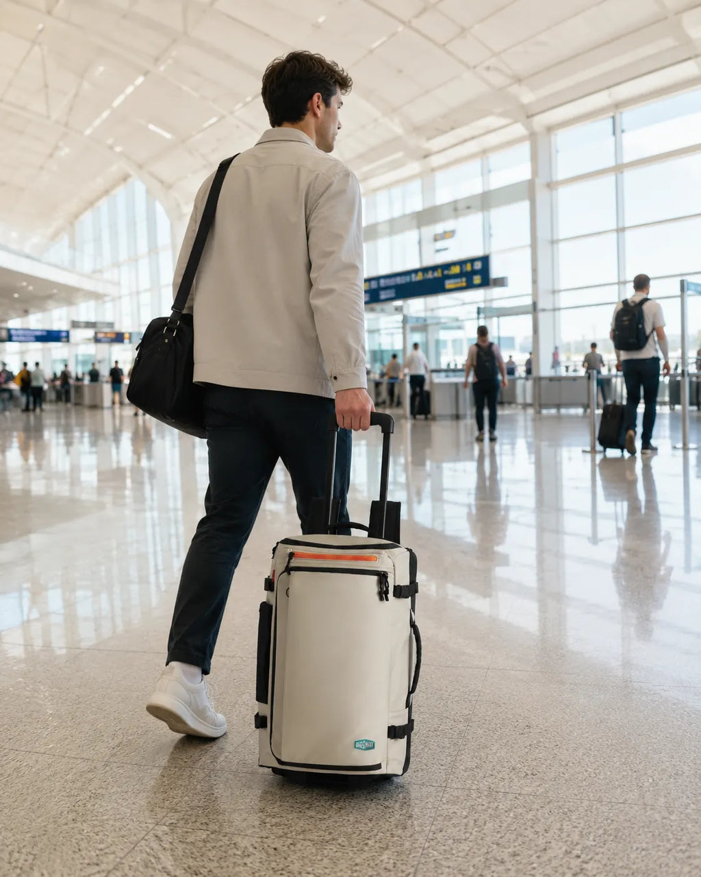 Mochila de Viagem com Rodas 43L Bege - dobrável para fácil armazenamento