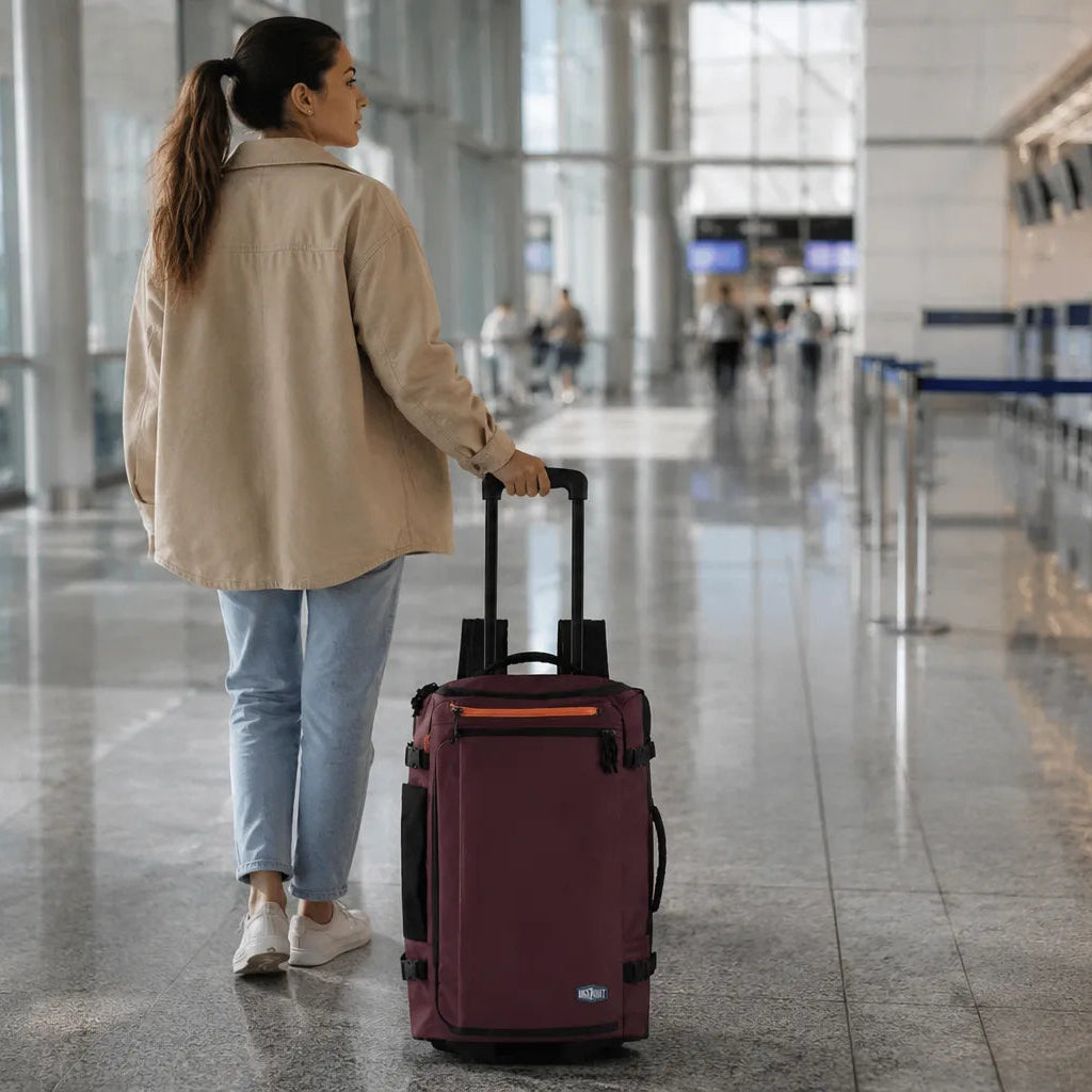 Mochila de Viagem com Rodas 43L Vermelho Borgonha - dobrável para fácil armazenamento