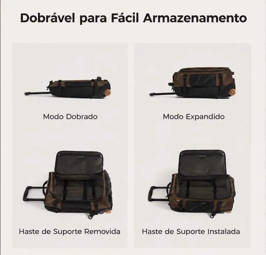 Mochila de Viagem com Rodas 43L Café - dobrável para fácil armazenamento