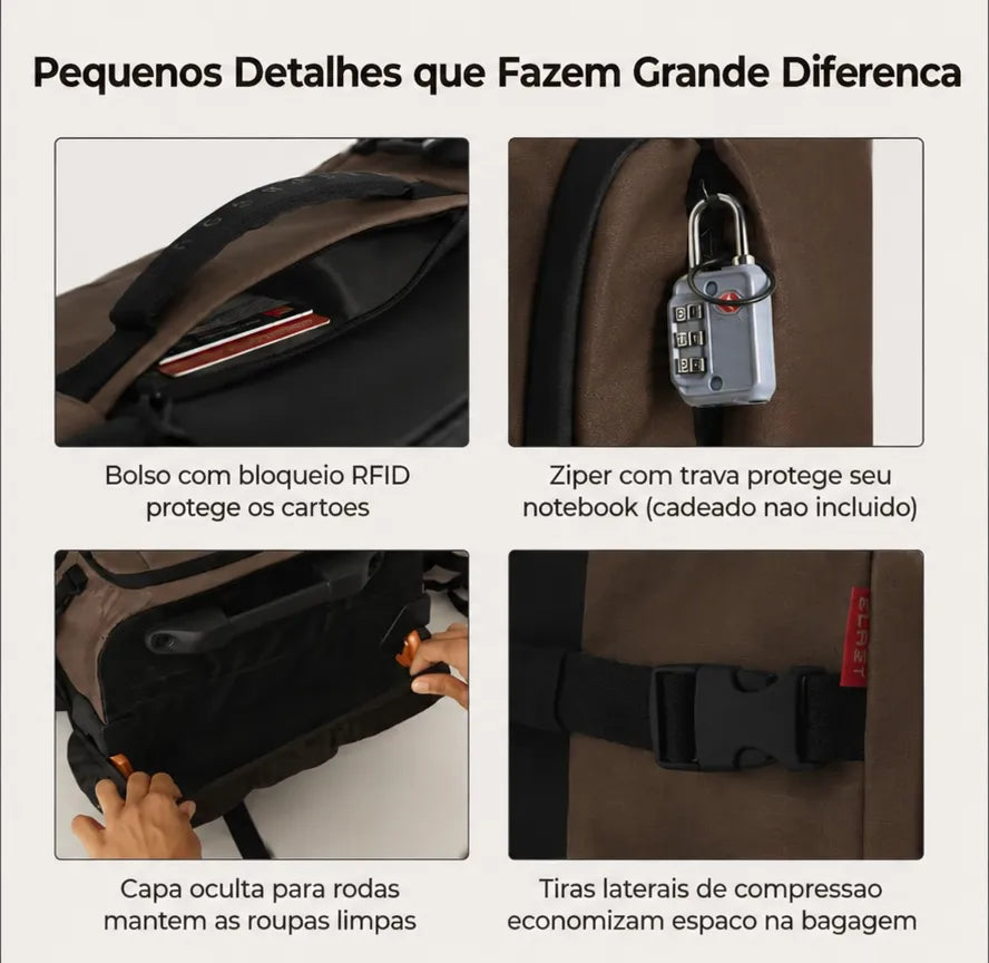 Mochila de Viagem com Rodas 43L Café - pequenos detalhes, grande impacto: bolso com bloqueio RFID e zíper com trava
