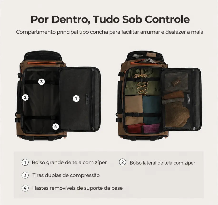 Mochila de Viagem com Rodas 43L Café - por dentro, tudo sob controle: compartimento principal em concha