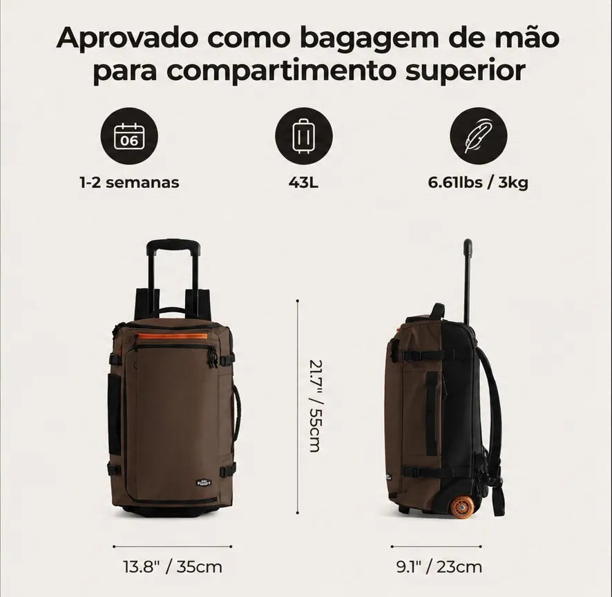 Mochila de Viagem com Rodas 43L Café - aprovada como bagagem de mão para compartimento superior, 43L
