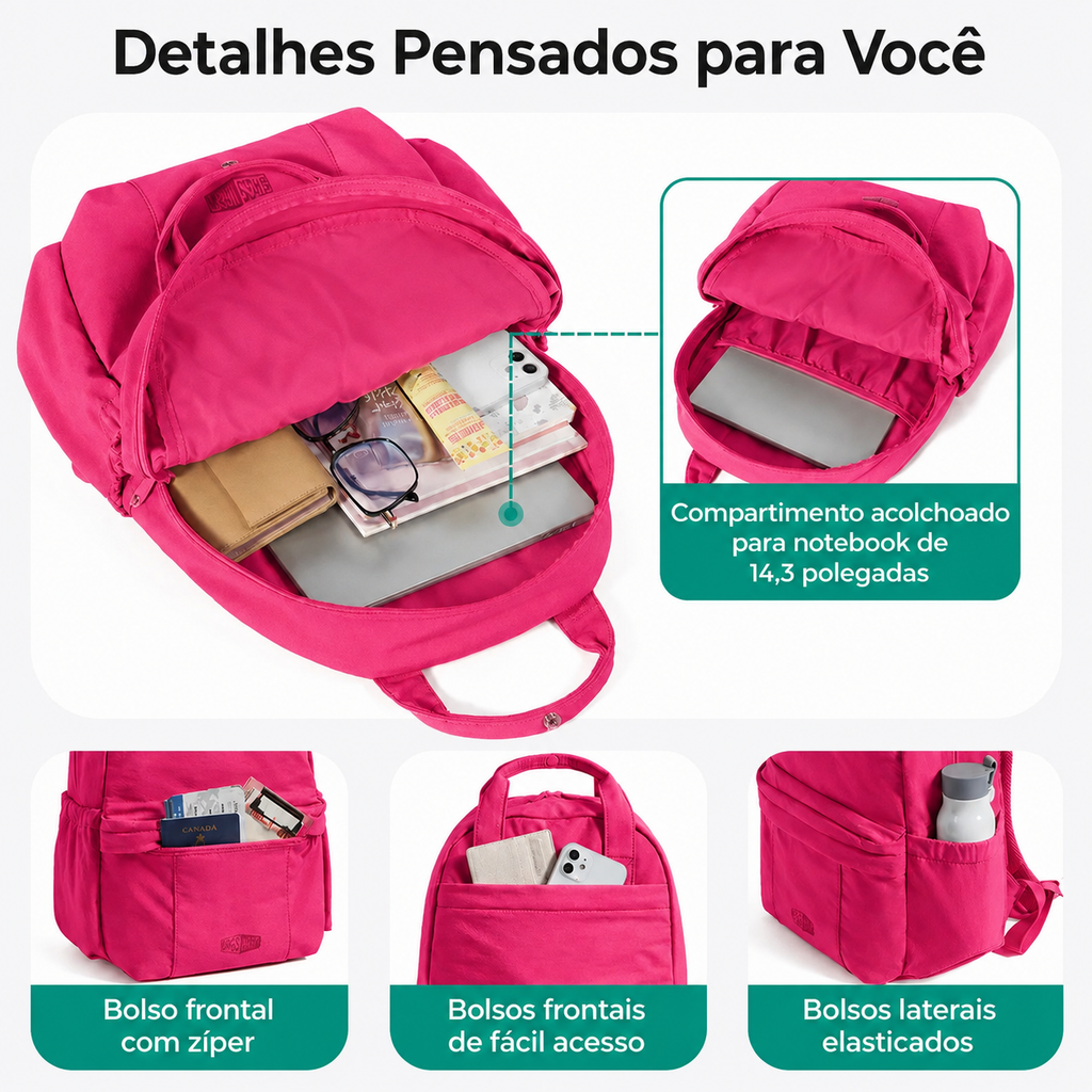 Mochila Feminina para Notebook Rosa Pink - detalhes