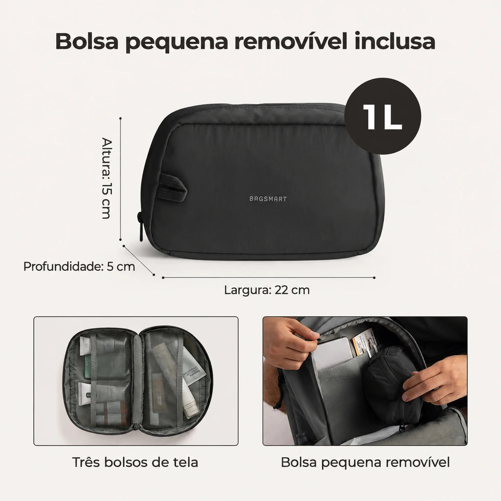 Mochila de Viagem Feminina 25 L com Bolsa Pequena Bags Mart Cor Preto — bolsa pequena removível inclusa, 15 × 22 × 5 cm na cor Preto