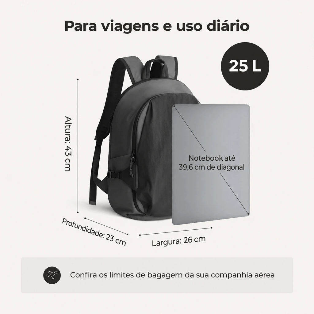 Mochila de Viagem Feminina 25 L com Bolsa Pequena Bags Mart Cor Preto — medidas em centímetros e capacidade de 25 L na cor Preto