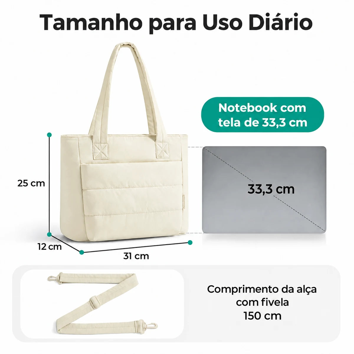 Bolsa Tote Feminina Acolchoada Bags Mart Cor Bege — Dimensões em centímetros