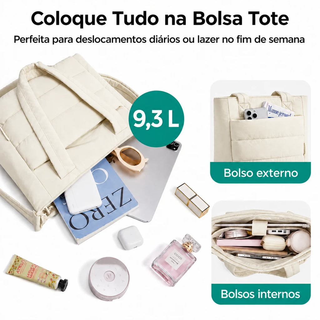 Bolsa Tote Feminina Acolchoada Bags Mart Cor Bege — Interior e organização dos bolsos