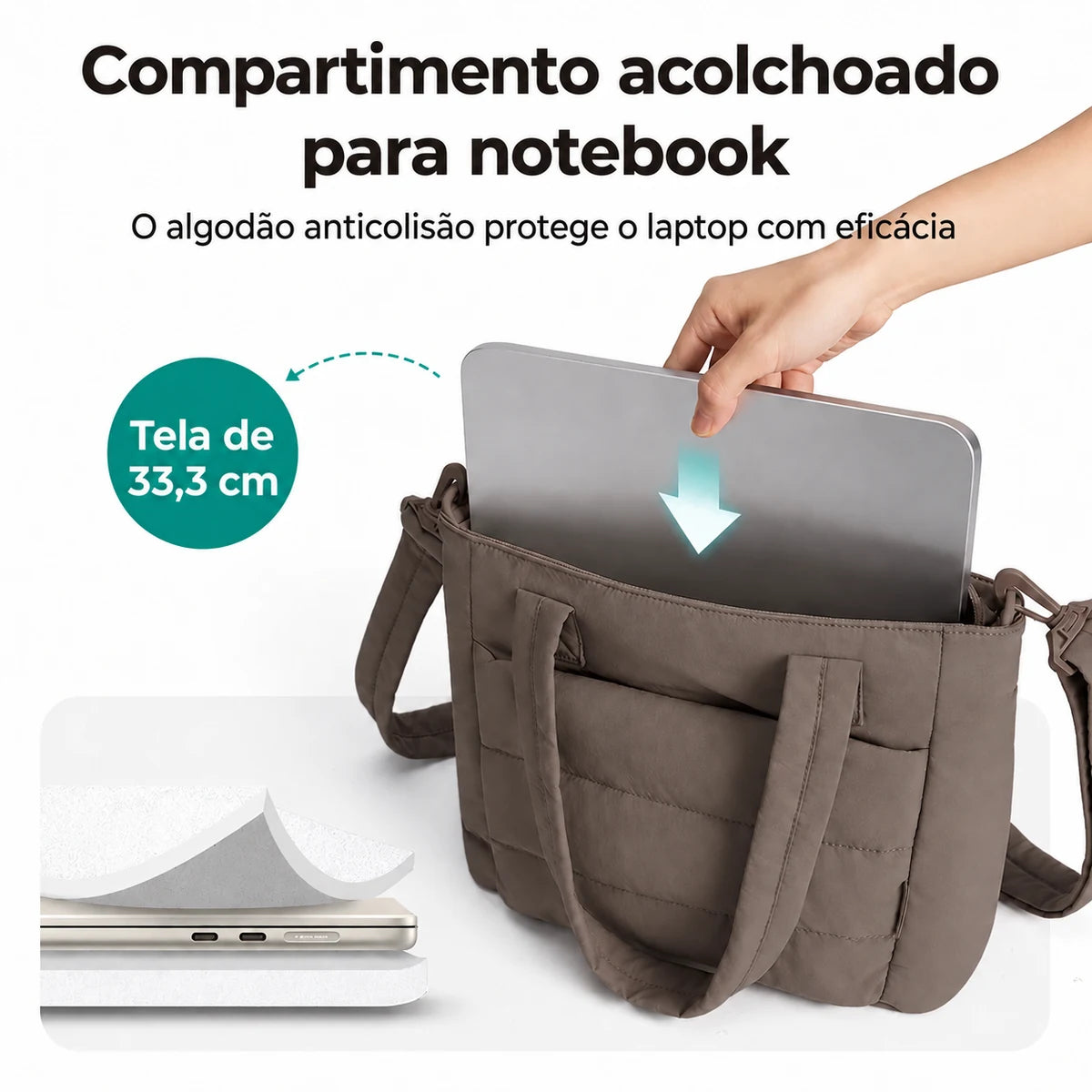 Bolsa Tote Feminina Acolchoada Bags Mart Cor Chocolate — Compartimento acolchoado para notebook
