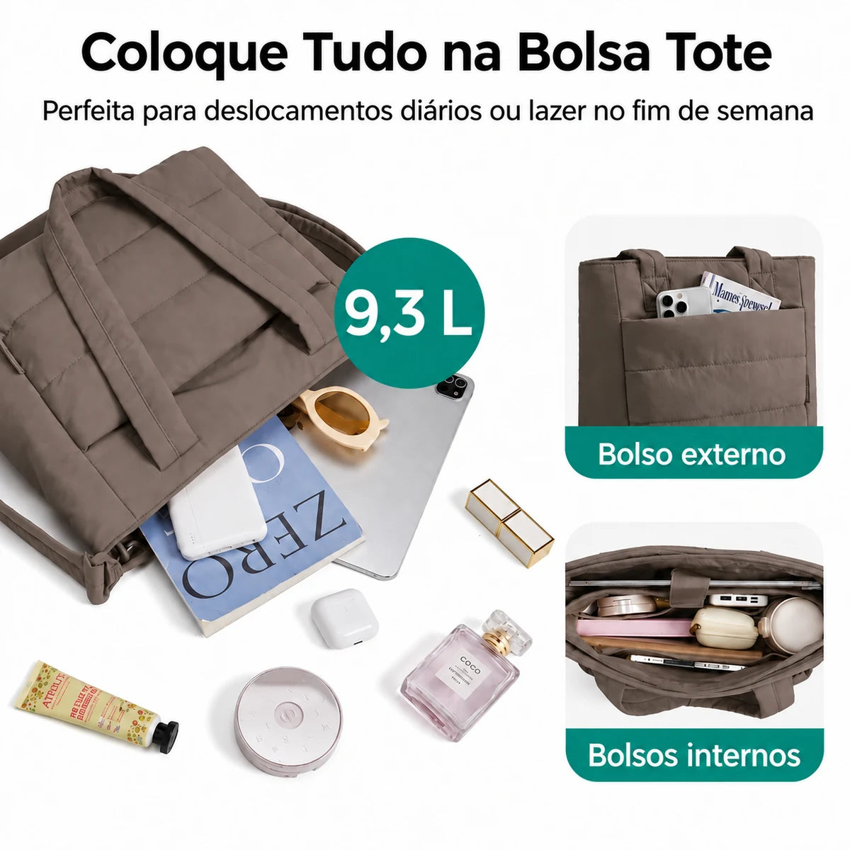 Bolsa Tote Feminina Acolchoada Bags Mart Cor Chocolate — Interior e organização dos bolsos