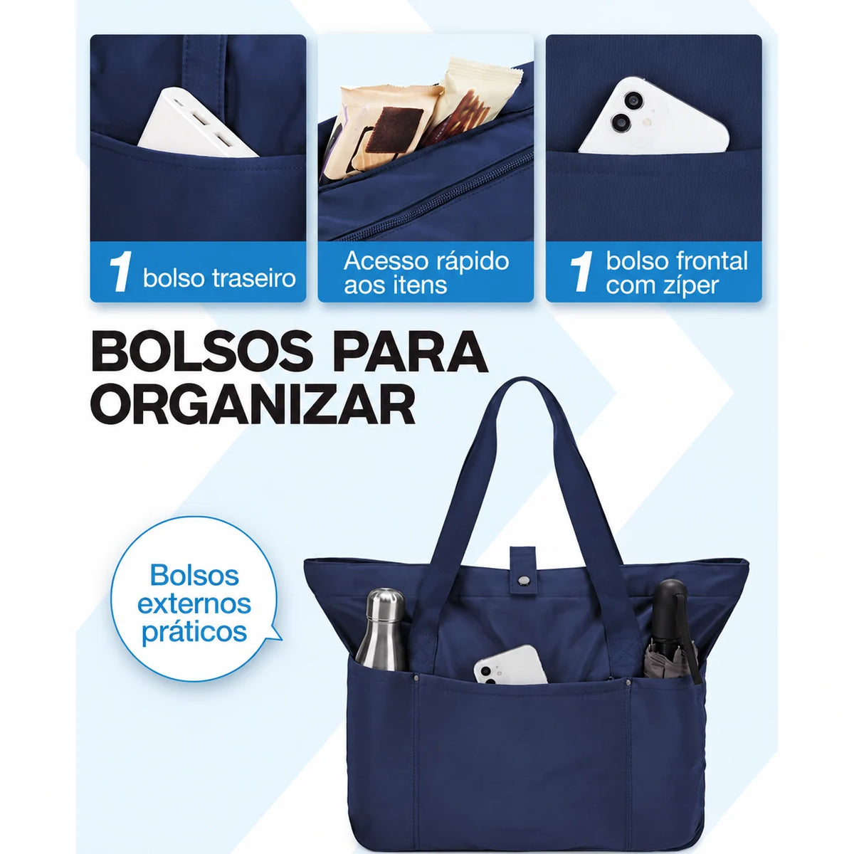 Bolsa Tote Dobrável Grande com Alça de Mão Bags Mart Cor Azul Marinho — bolsos e compartimentos