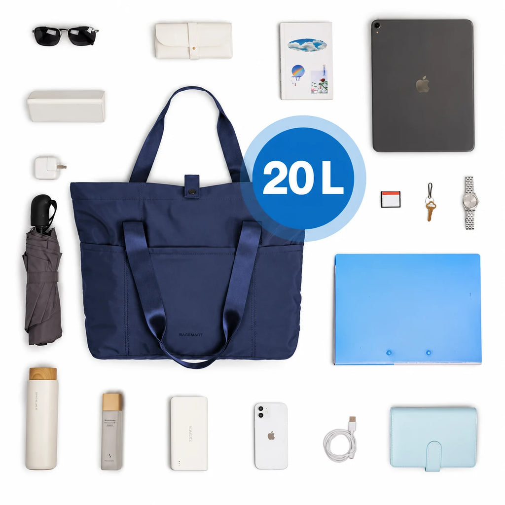 Bolsa Tote Dobrável Grande com Alça de Mão Bags Mart Cor Azul Marinho — capacidade e organização