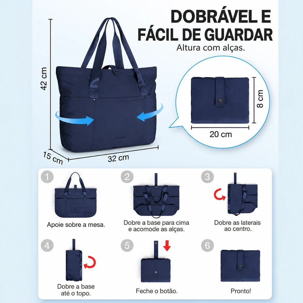 Bolsa Tote Dobrável Grande com Alça de Mão Bags Mart Cor Azul Marinho — dimensões em centímetros