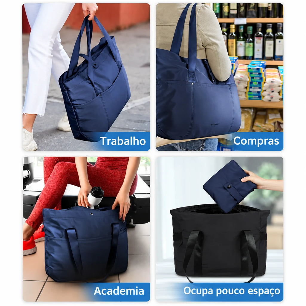 Bolsa Tote Dobrável Grande com Alça de Mão Bags Mart Cor Azul Marinho — produto em uso