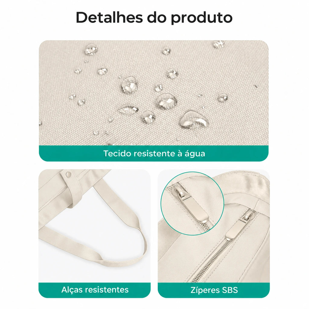 Bolsa Tote Dobrável Bags Mart Cor Bege — acabamentos e detalhes