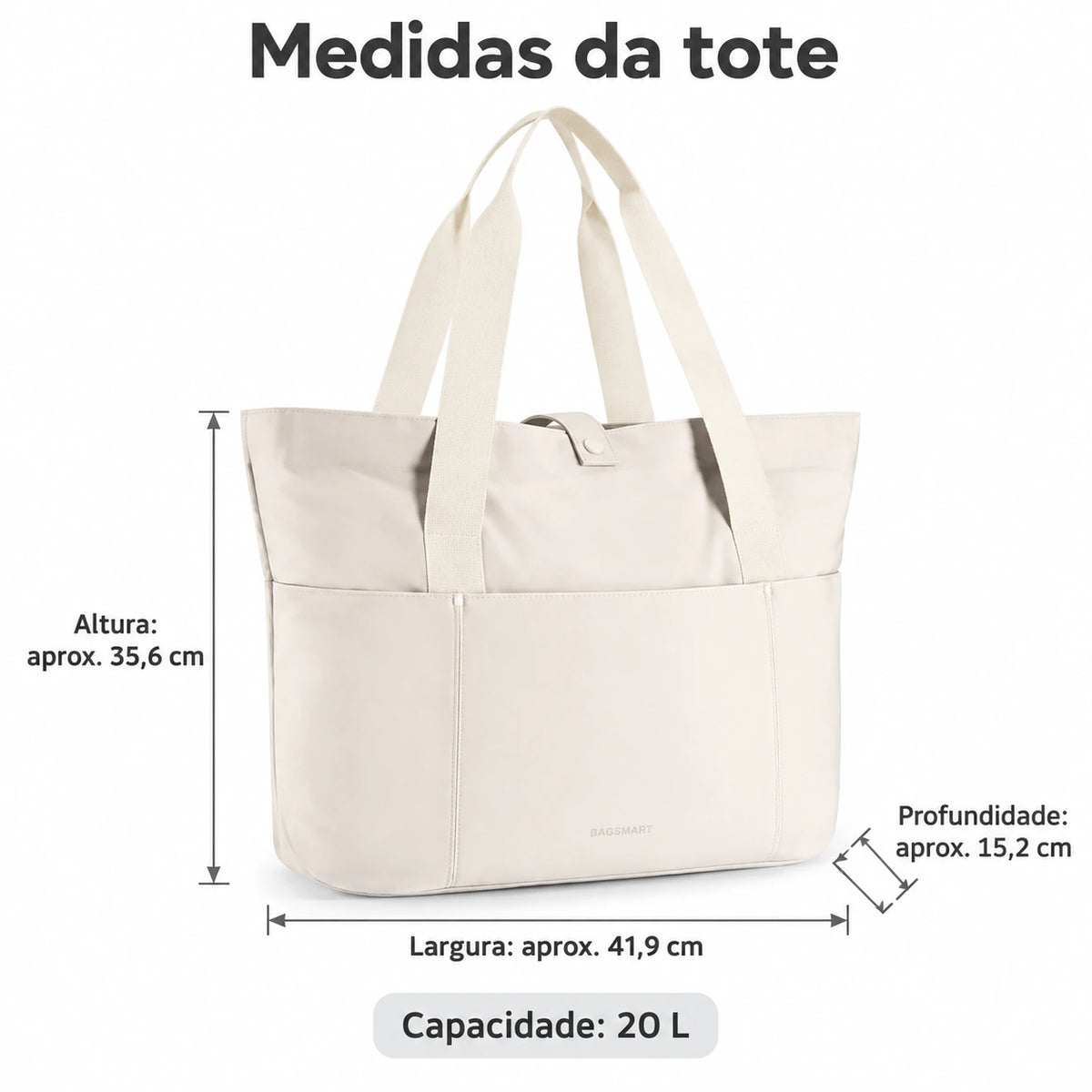 Bolsa Tote Dobrável Bags Mart Cor Bege — dimensões em centímetros