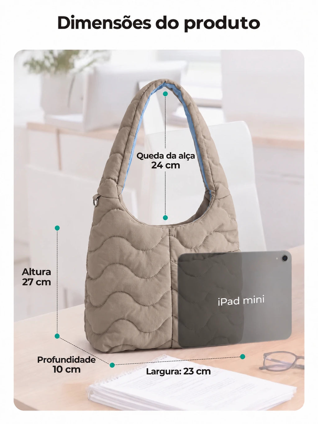 Bolsa Tote Feminina Acolchoada Bags Mart Cor Camel — dimensões em centímetros e queda da alça